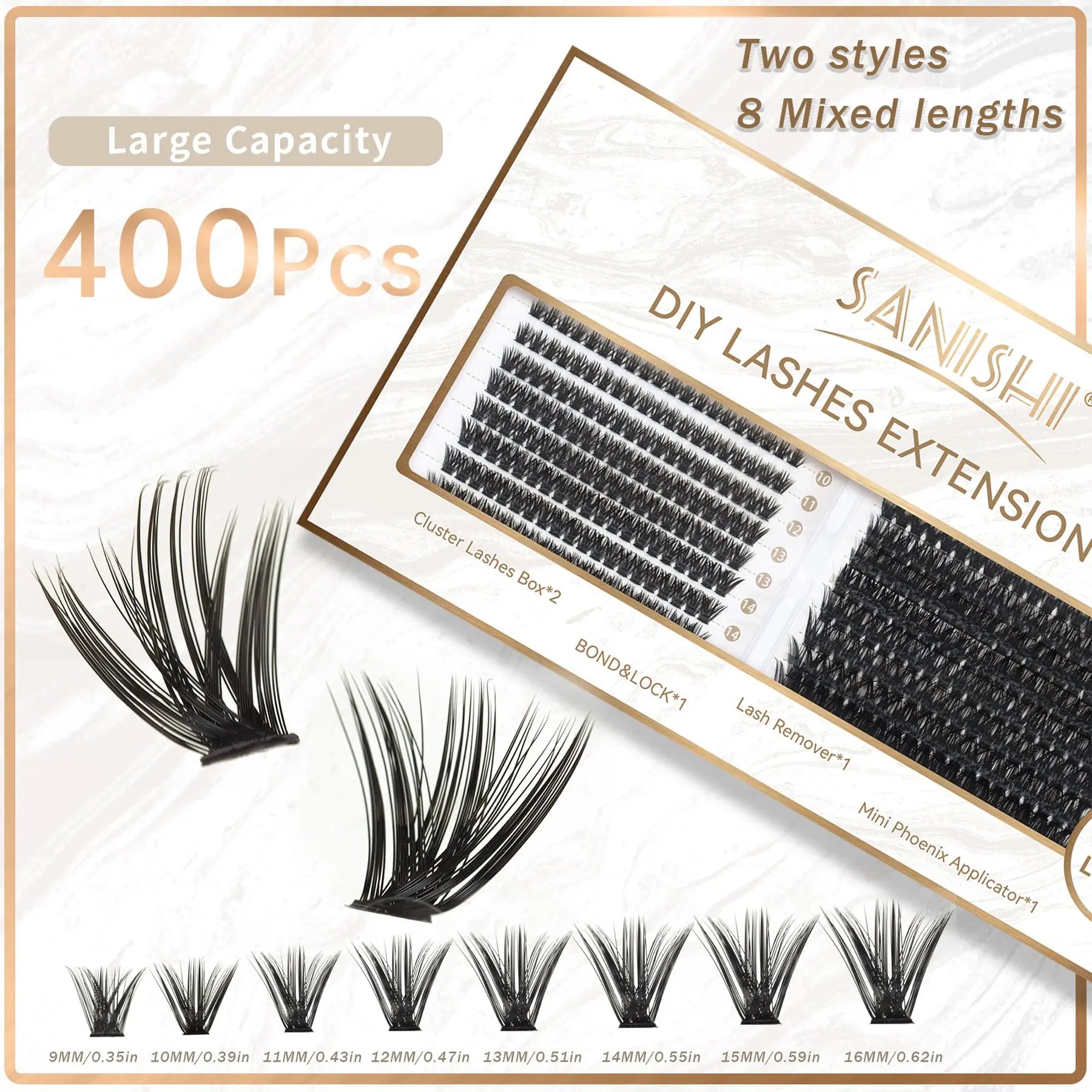 Spring DIY Individual False Eyelashes Kit, 1 Set DIY Lash Kit Including 400Pcs/Box 9-16Mm Separated False Eyelashes & 1 Adhesive & 1 Remover & Tweezers, Professional Music Festival Makeup for Women