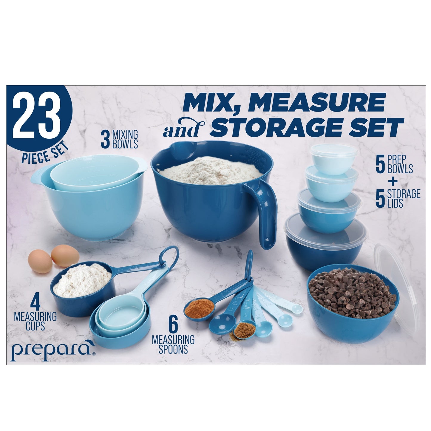 Mixing Bowl Set, 23 Pieces with Lids, Measuring Cups and Spoons, Blue