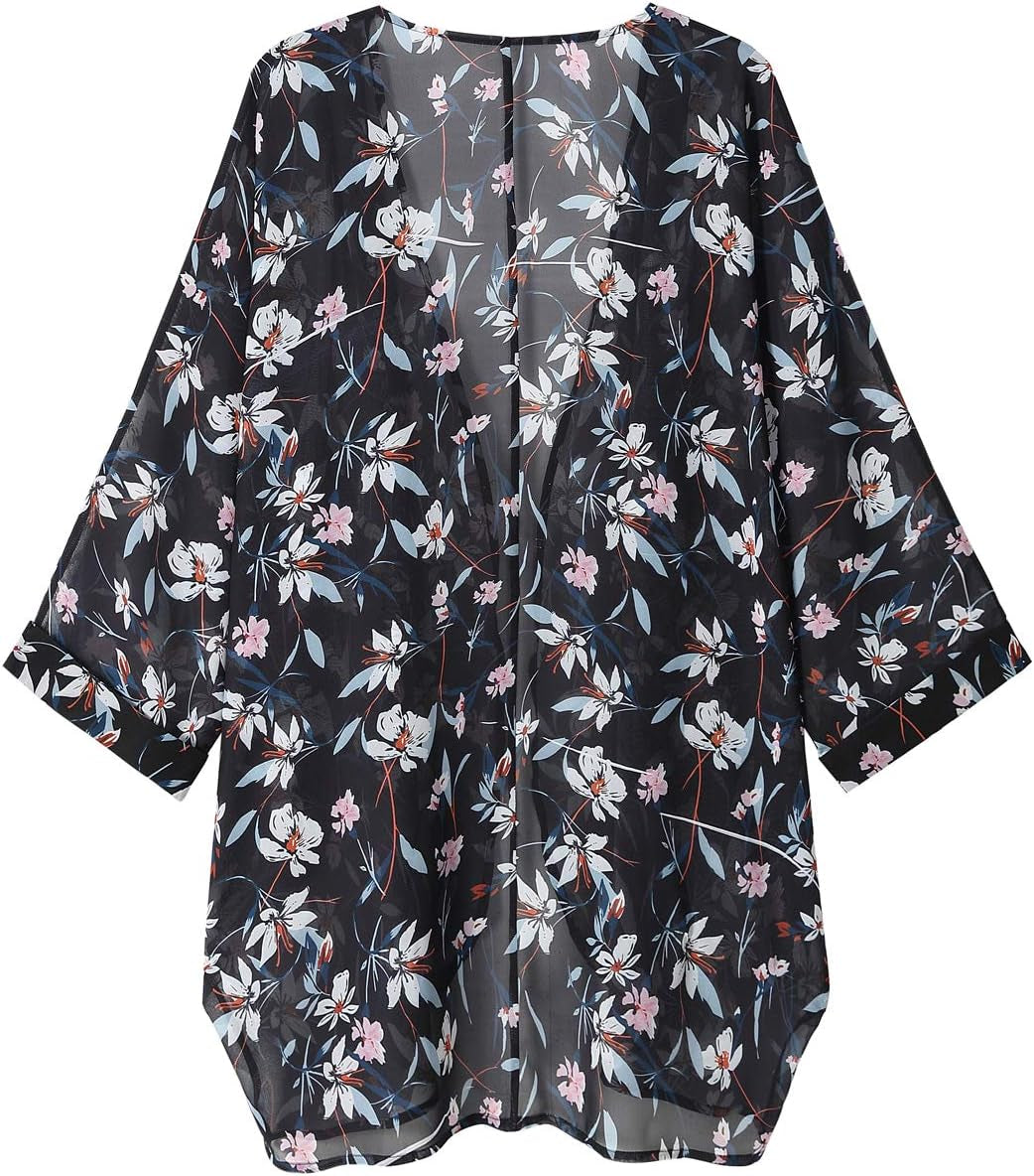 Women'S Floral Print Sheer 3/4 Sleeve Chiffon Duster plus Size Kimono Cardigan Capes