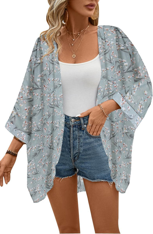 Women'S Floral Print Sheer Chiffon 3/4 Bat Sleeve Casual Loose Kimono Cardigan Capes