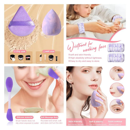 Makeup Tool Set, 31Pcs Includes Sized Cosmetic Beauty Sponges & Finger Powder Puffs & Triangle Sponge & Makeup Headband & Facial Cleansing Puff & Eyelash Curler & Double-Ended Mask Brush & Eyebrow Template & Eyelash Tweezers & Wrist Strap