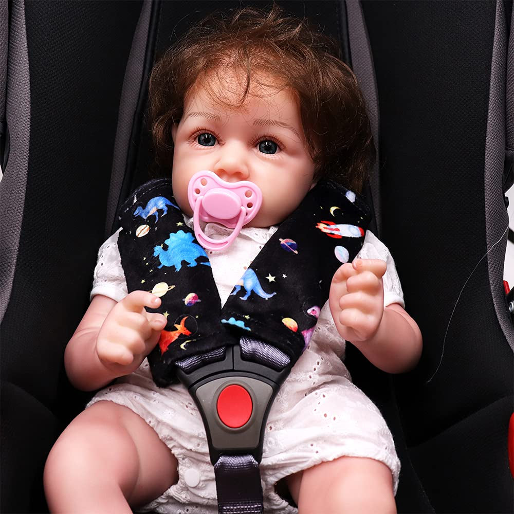 Car Seat Belt Covers for Baby Kids, 2 Packs Toddlers Stroller Seat Strap Covers, Car Seat Straps Shoulder Pads for Girls Boys, Minky Seat Belt Protectors for Car Seats(Space Dinosaur)