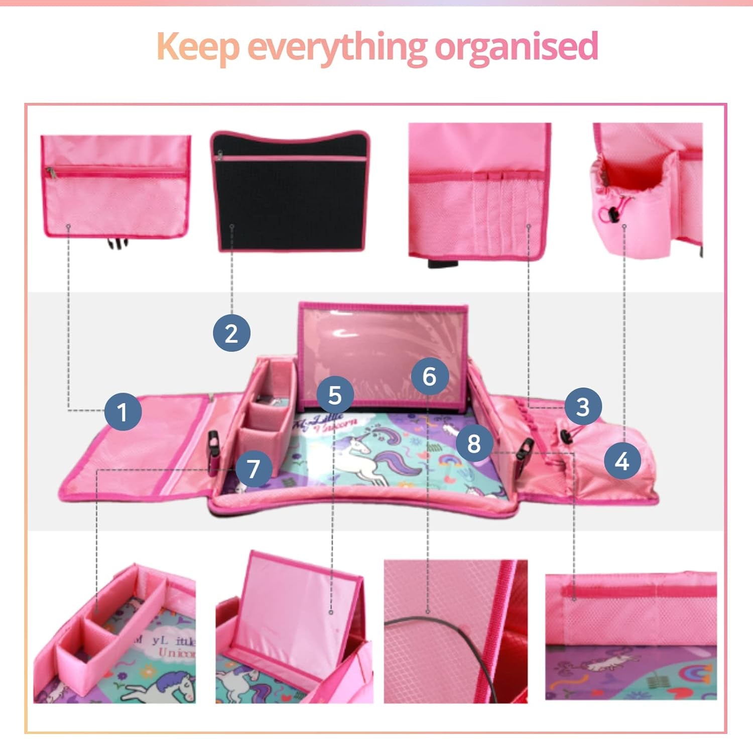 Kids Travel Tray - New Upgraded Soft-Touch Material with Anti-Slip Tray Bottom That Fits with Any Types of Travel Including Plane, Train and Car (Pink)