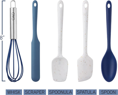 Kitchen Utensil Set - Silicone Kitchen Tools, Whisk, Tong, Spatula, Spoonula and Spoon, Navy Collection