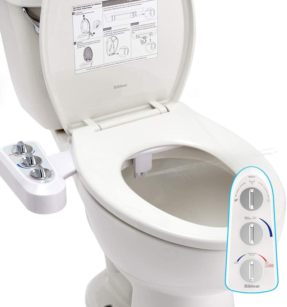 Toilet Seat Bidet with Self Cleaning Dual Nozzle, Hot and Cold Water Spray Non-Electric Mechanical Bidet Toilet Attachment for Rear or Female Washing Sanitizing