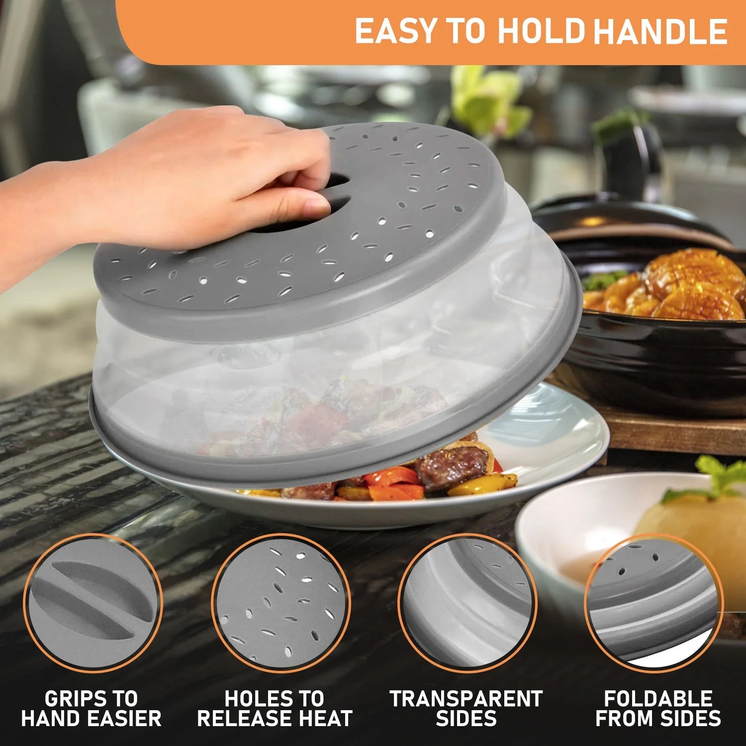 Vented Collapsible Microwave Cover for Food, Dishwasher-Safe, Fruit Drainer Basket, Bpa-Free Silicone & Plastic, Grey