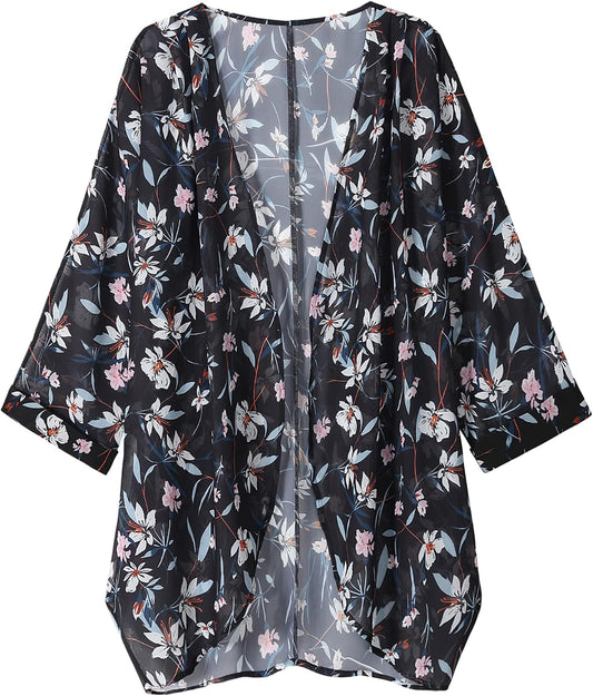 Women'S Floral Print Sheer 3/4 Sleeve Chiffon Duster plus Size Kimono Cardigan Capes