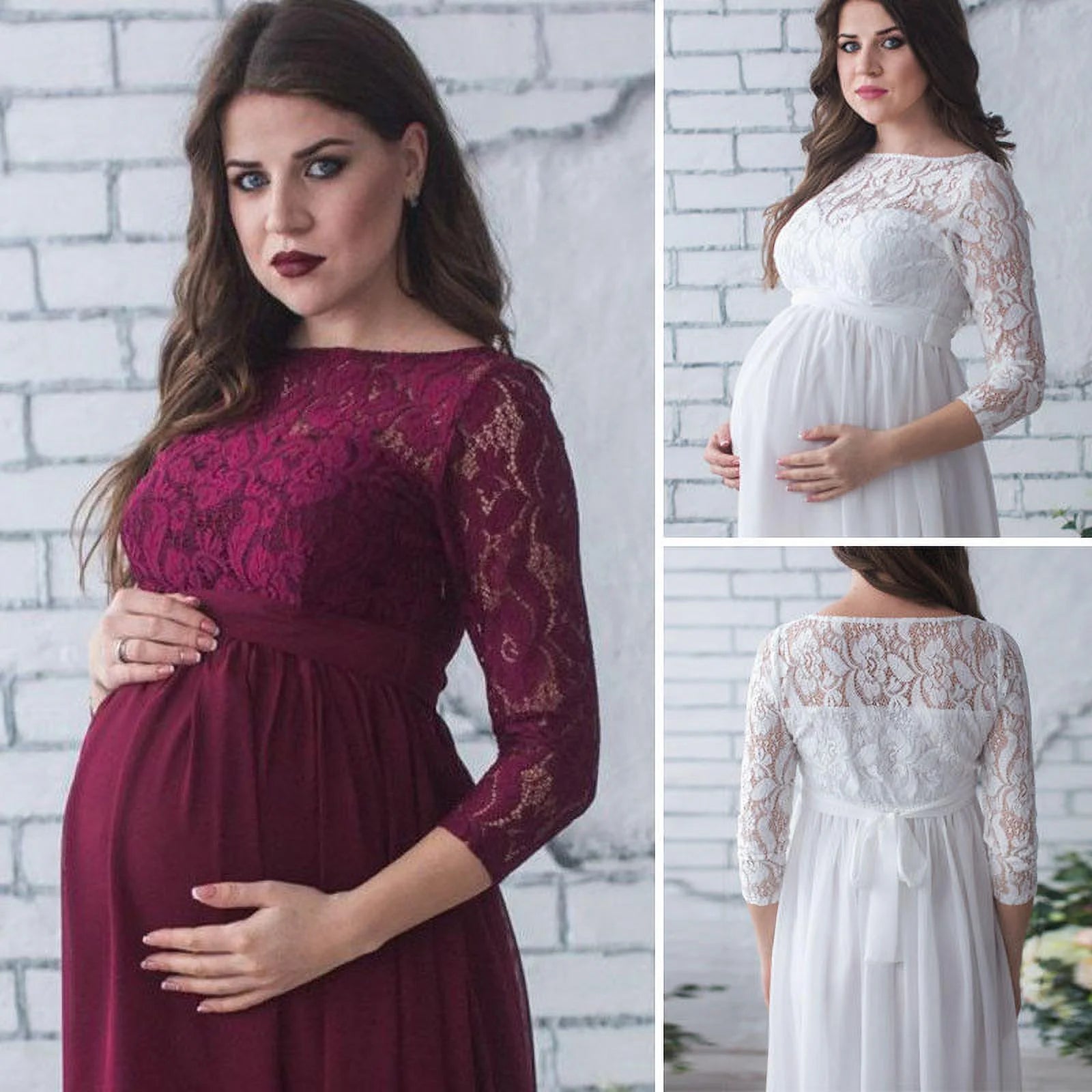 Women Vintage Lace Floral Maternity Dress Photography Baby Shower Party Long Maxi Gown Dresses