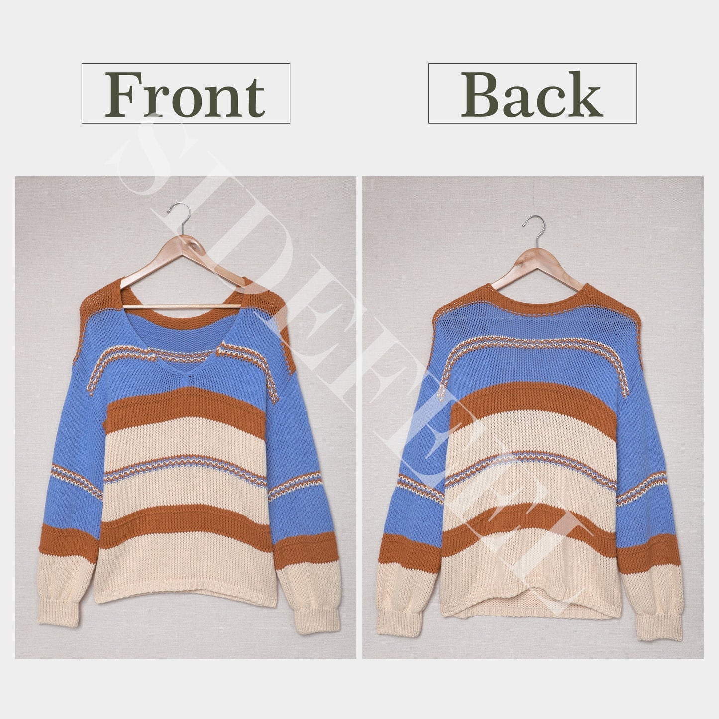 Womens Loose V Neck Sweater Oversized Ladies Color Block Knitted Tops Lantern Sleeve Pullover Shirts M 8-10