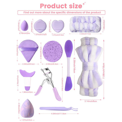 Makeup Tool Set, 31Pcs Includes Sized Cosmetic Beauty Sponges & Finger Powder Puffs & Triangle Sponge & Makeup Headband & Facial Cleansing Puff & Eyelash Curler & Double-Ended Mask Brush & Eyebrow Template & Eyelash Tweezers & Wrist Strap