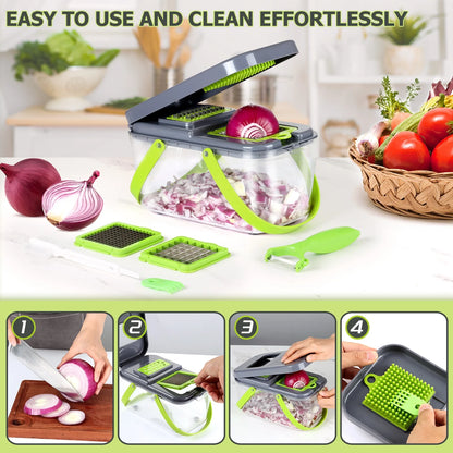 22 in 1 Vegetable Chopper, Multifunctional Onion Chopper Food Cutter Dicer Mandolin Slicer with Container and Colander Drain Basket - 13 Stainless Steel Blades