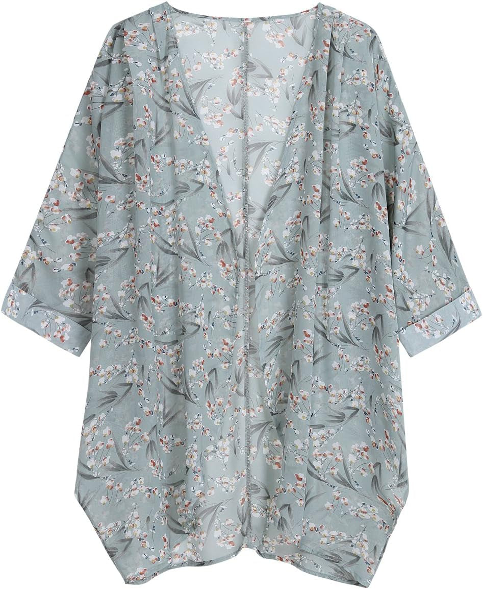 Women'S Floral Print Sheer Chiffon 3/4 Bat Sleeve Casual Loose Kimono Cardigan Capes