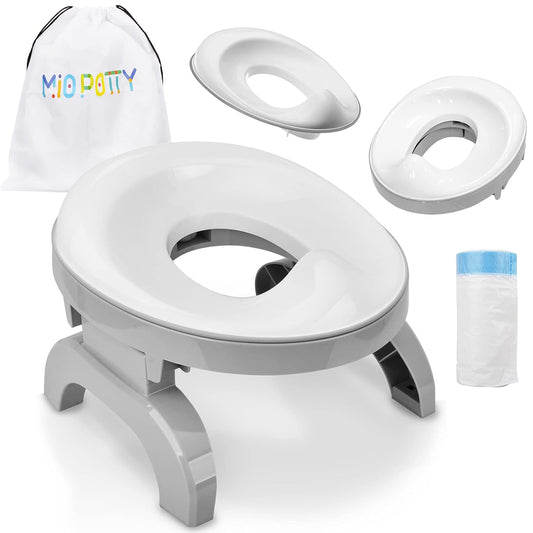 Travel Potty Training Seat, 2-In-1 Mio Portable Potty Chair + Toilet Trainer for Toddler, Baby & Kids with Drawstring Carry Bag and Refill Bags