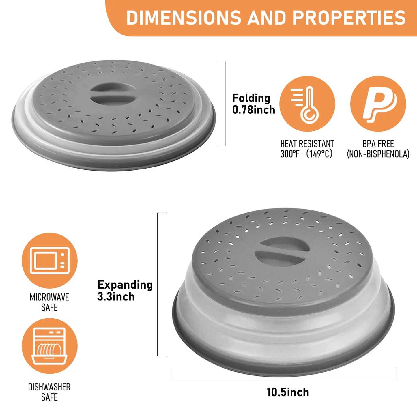 Vented Collapsible Microwave Cover for Food, Dishwasher-Safe, Fruit Drainer Basket, Bpa-Free Silicone & Plastic, Grey