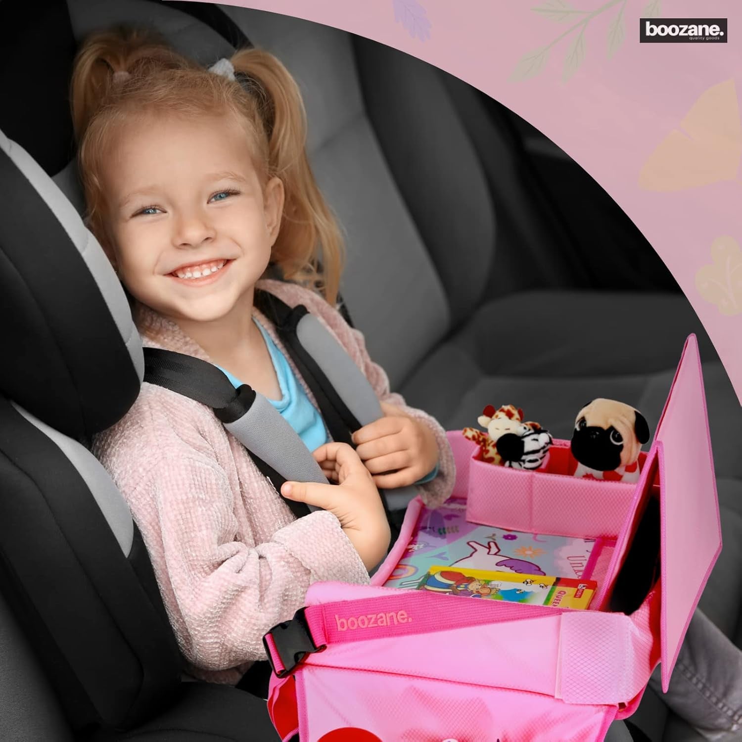 Kids Travel Tray - New Upgraded Soft-Touch Material with Anti-Slip Tray Bottom That Fits with Any Types of Travel Including Plane, Train and Car (Pink)