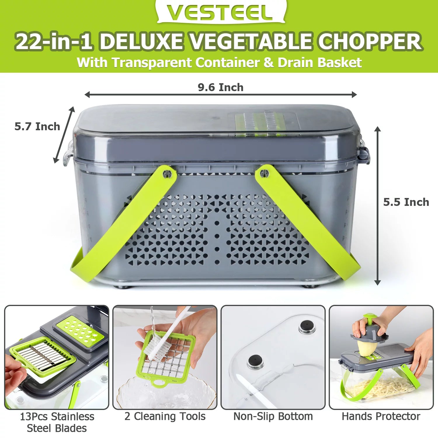 22 in 1 Vegetable Chopper, Multifunctional Onion Chopper Food Cutter Dicer Mandolin Slicer with Container and Colander Drain Basket - 13 Stainless Steel Blades