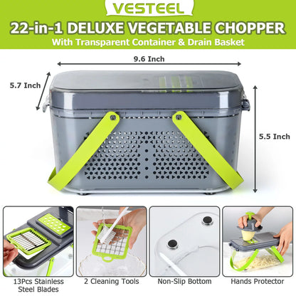 22 in 1 Vegetable Chopper, Multifunctional Onion Chopper Food Cutter Dicer Mandolin Slicer with Container and Colander Drain Basket - 13 Stainless Steel Blades