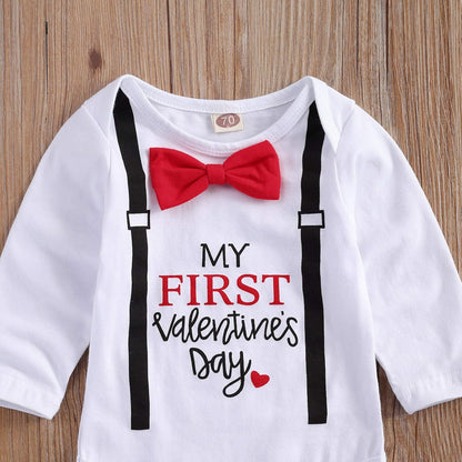 Baby My First Valentine'S Day Outfits Long Sleeve Romper Bodysuit Top Pants Hat 3 Piece Clothes Set