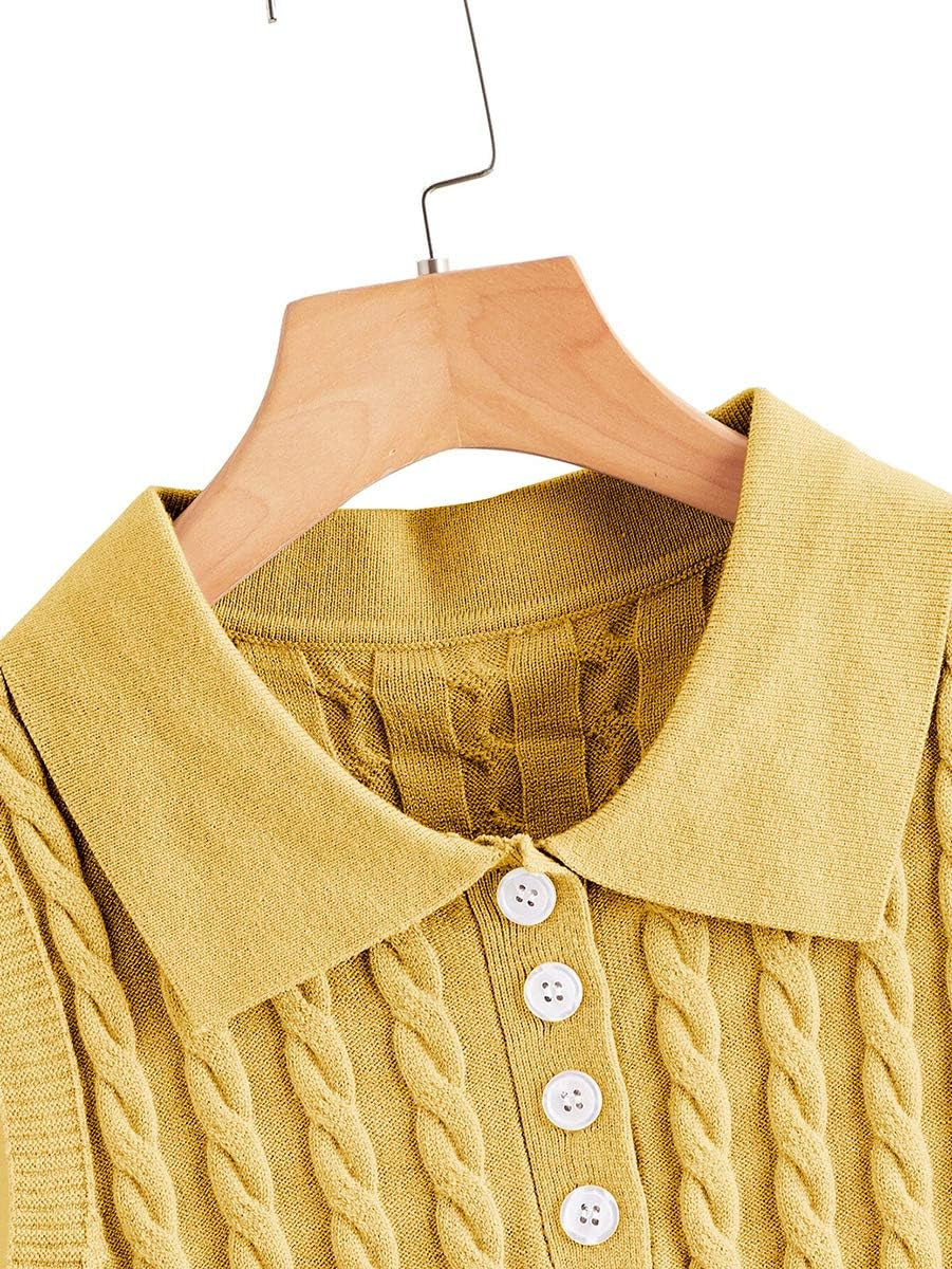 Womens Lapel Neck Cable Cute Knit Sweater Vest Button Front Knit Tops Plain Sleeveless Casual Pullover Knitwear Yellow