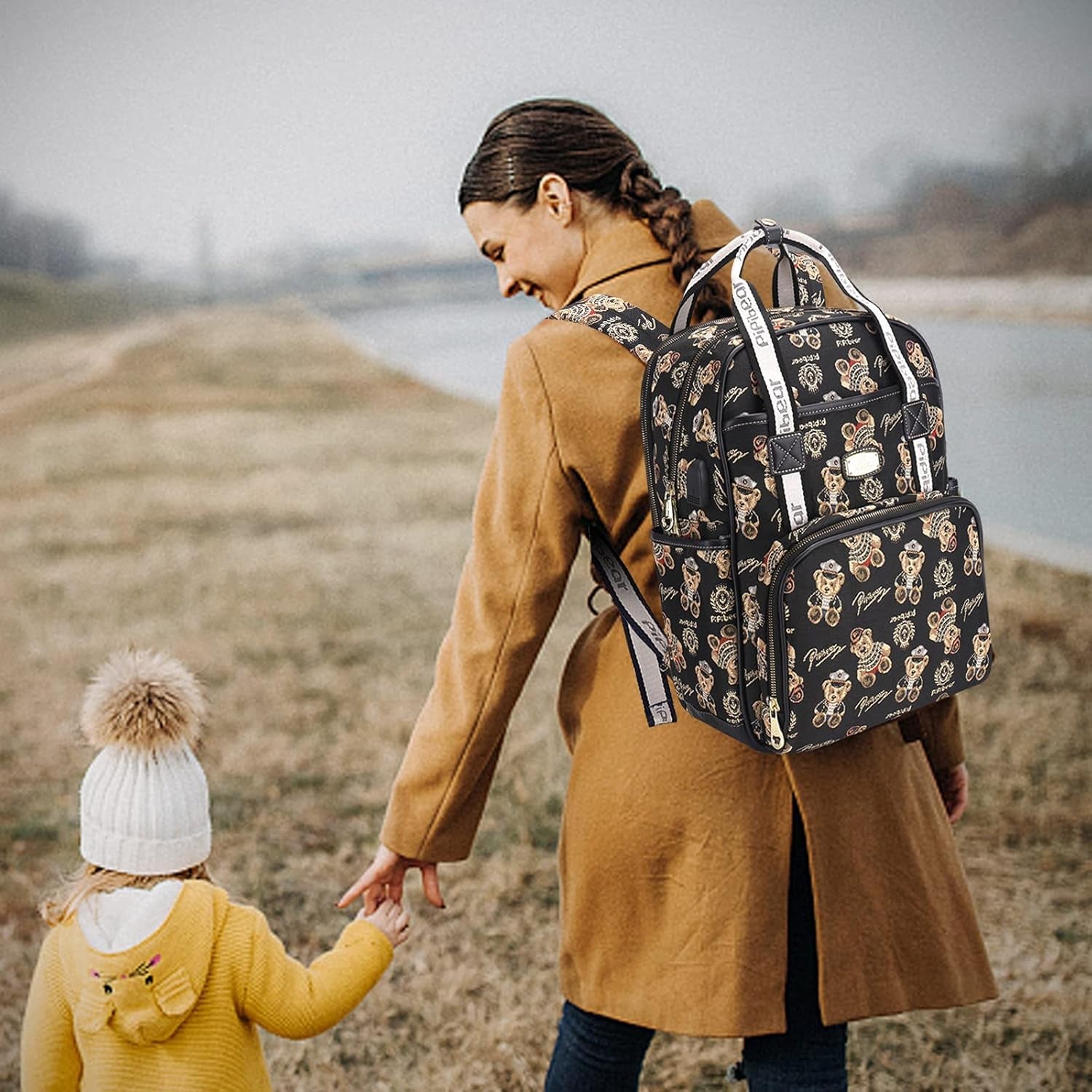 Diaper Bag Backpack, Jacquard Diaper Backpack with Changing Pad and USB Charging Port, Stylish Baby Bag for Mom Dad, Black