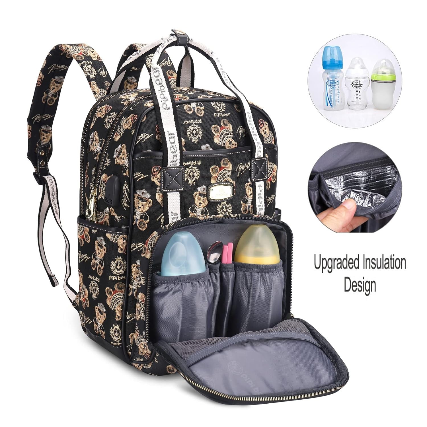 Diaper Bag Backpack, Jacquard Diaper Backpack with Changing Pad and USB Charging Port, Stylish Baby Bag for Mom Dad, Black