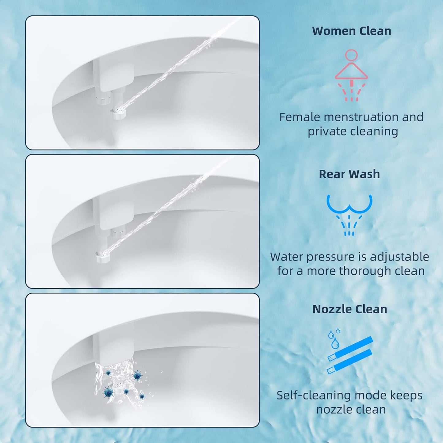 Toilet Seat Bidet with Self Cleaning Dual Nozzle, Hot and Cold Water Spray Non-Electric Mechanical Bidet Toilet Attachment for Rear or Female Washing Sanitizing