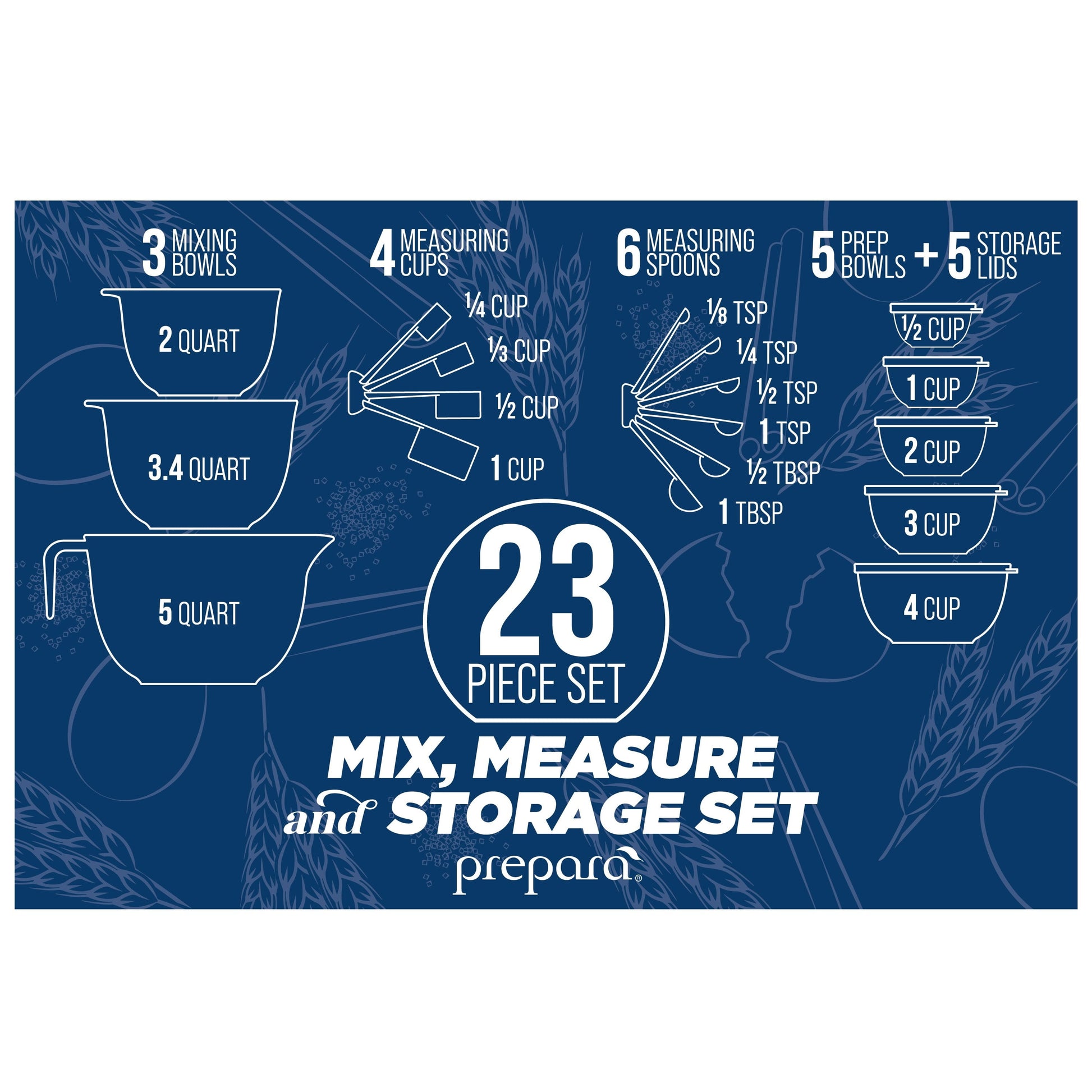 Mixing Bowl Set, 23 Pieces with Lids, Measuring Cups and Spoons, Blue