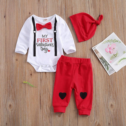 Baby My First Valentine'S Day Outfits Long Sleeve Romper Bodysuit Top Pants Hat 3 Piece Clothes Set