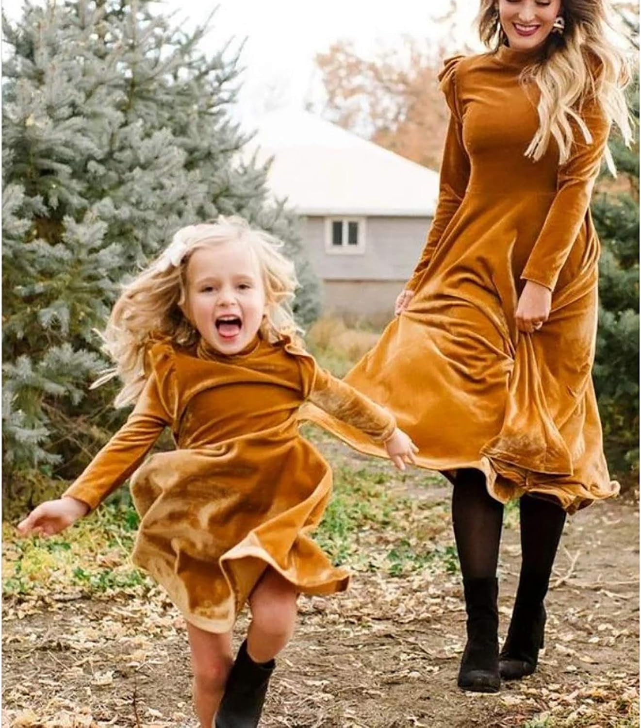 Mommy and Me Dresses Vintage Velvet Christmas Long Sleeve Stretchy Matching Outfits Yellow