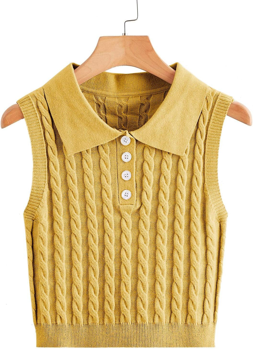 Womens Lapel Neck Cable Cute Knit Sweater Vest Button Front Knit Tops Plain Sleeveless Casual Pullover Knitwear Yellow