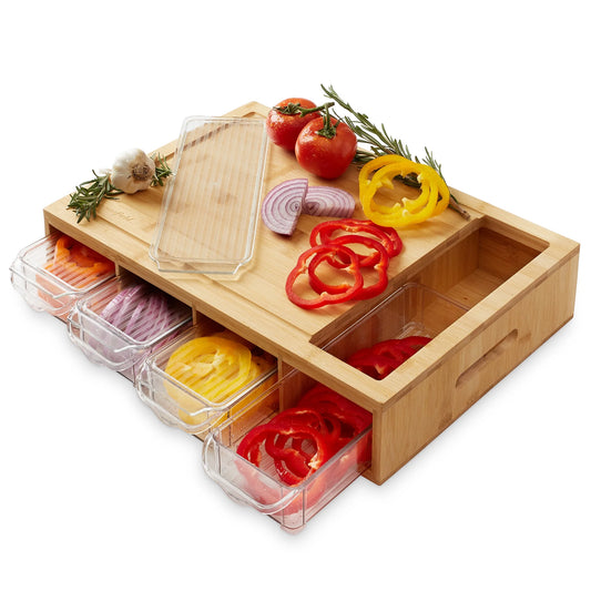 Bamboo Cutting Board with (4) Bpa-Free Food Prep Storage Trays and Lids