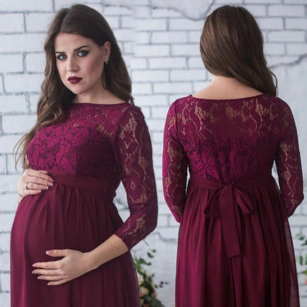 Women Vintage Lace Floral Maternity Dress Photography Baby Shower Party Long Maxi Gown Dresses