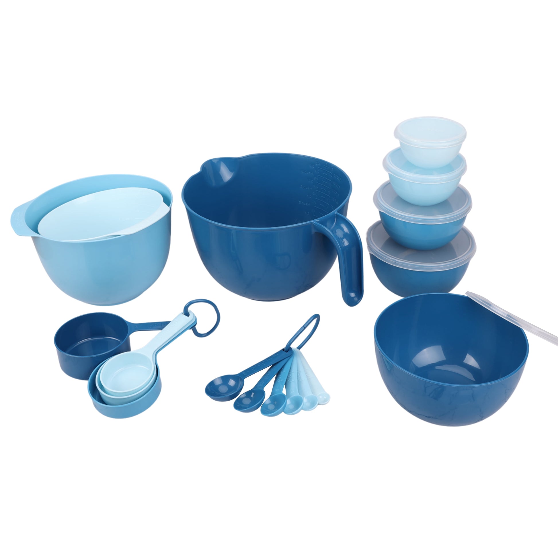 Mixing Bowl Set, 23 Pieces with Lids, Measuring Cups and Spoons, Blue