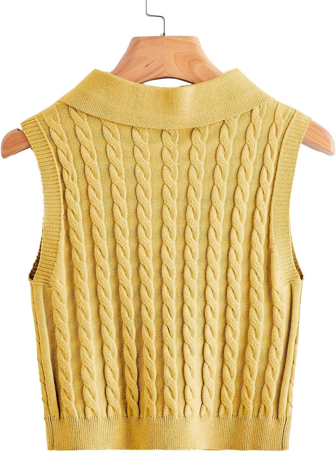 Womens Lapel Neck Cable Cute Knit Sweater Vest Button Front Knit Tops Plain Sleeveless Casual Pullover Knitwear Yellow