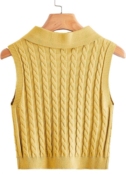 Womens Lapel Neck Cable Cute Knit Sweater Vest Button Front Knit Tops Plain Sleeveless Casual Pullover Knitwear Yellow