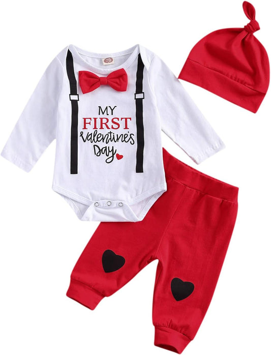 Baby My First Valentine'S Day Outfits Long Sleeve Romper Bodysuit Top Pants Hat 3 Piece Clothes Set