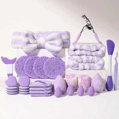 Makeup Tool Set, 31Pcs Includes Sized Cosmetic Beauty Sponges & Finger Powder Puffs & Triangle Sponge & Makeup Headband & Facial Cleansing Puff & Eyelash Curler & Double-Ended Mask Brush & Eyebrow Template & Eyelash Tweezers & Wrist Strap