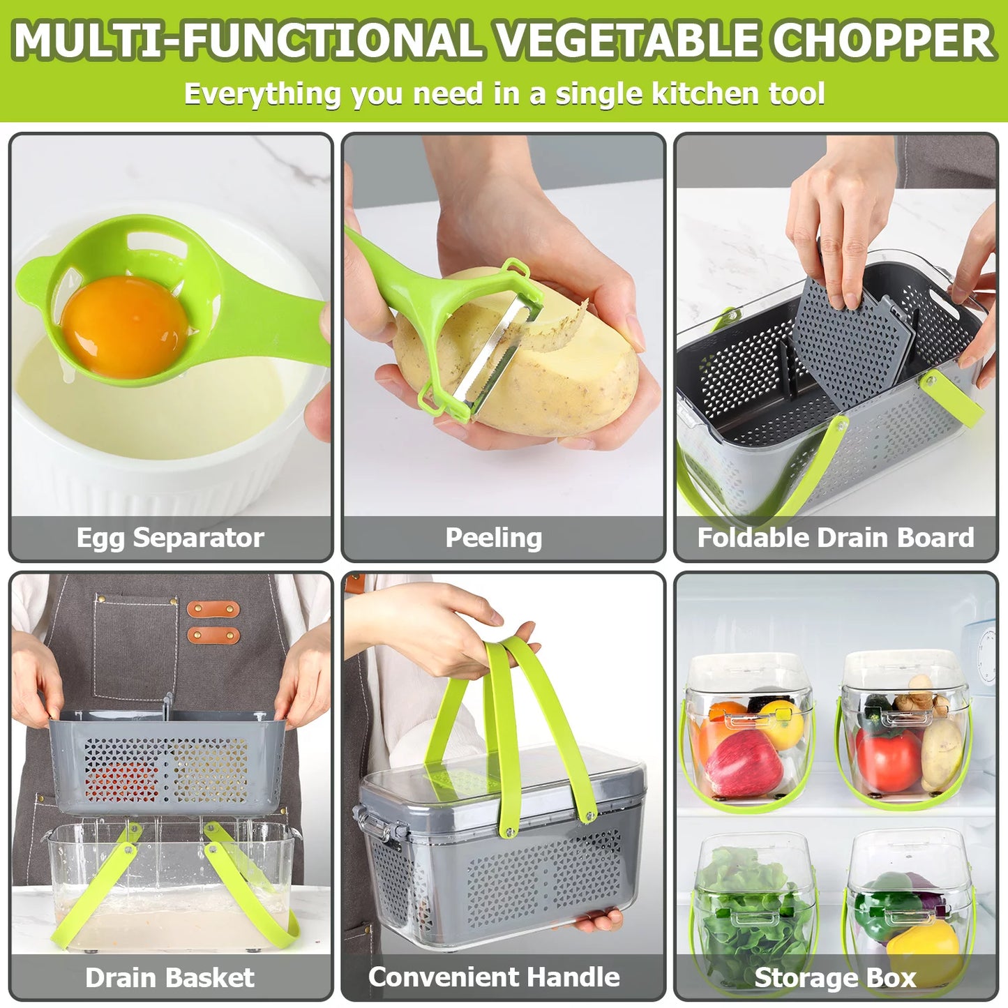 22 in 1 Vegetable Chopper, Multifunctional Onion Chopper Food Cutter Dicer Mandolin Slicer with Container and Colander Drain Basket - 13 Stainless Steel Blades