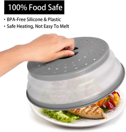 Vented Collapsible Microwave Cover for Food, Dishwasher-Safe, Fruit Drainer Basket, Bpa-Free Silicone & Plastic, Grey