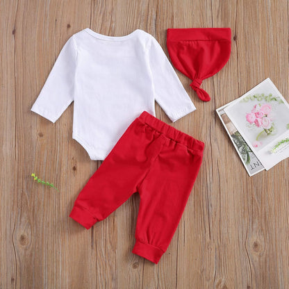 Baby My First Valentine'S Day Outfits Long Sleeve Romper Bodysuit Top Pants Hat 3 Piece Clothes Set