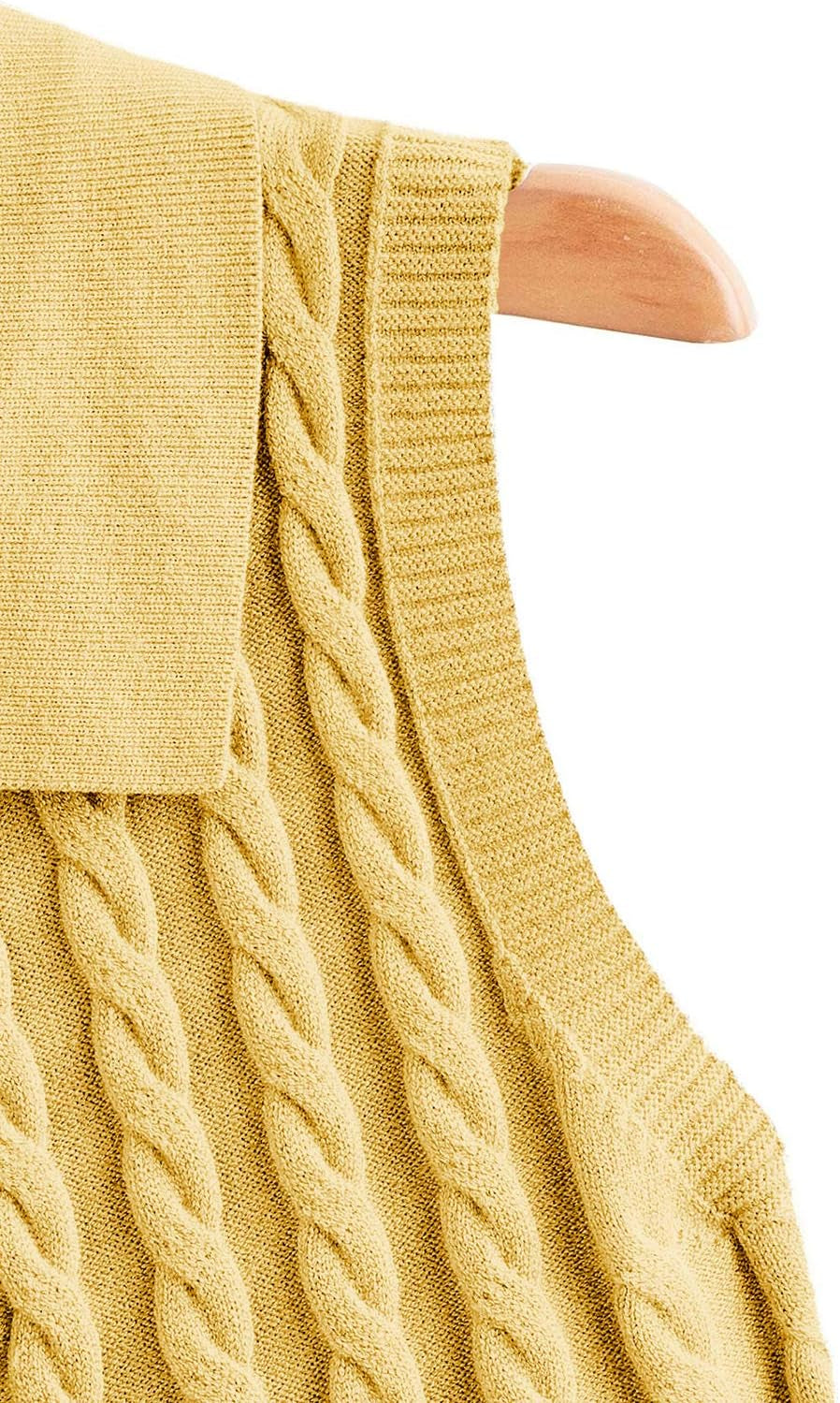 Womens Lapel Neck Cable Cute Knit Sweater Vest Button Front Knit Tops Plain Sleeveless Casual Pullover Knitwear Yellow