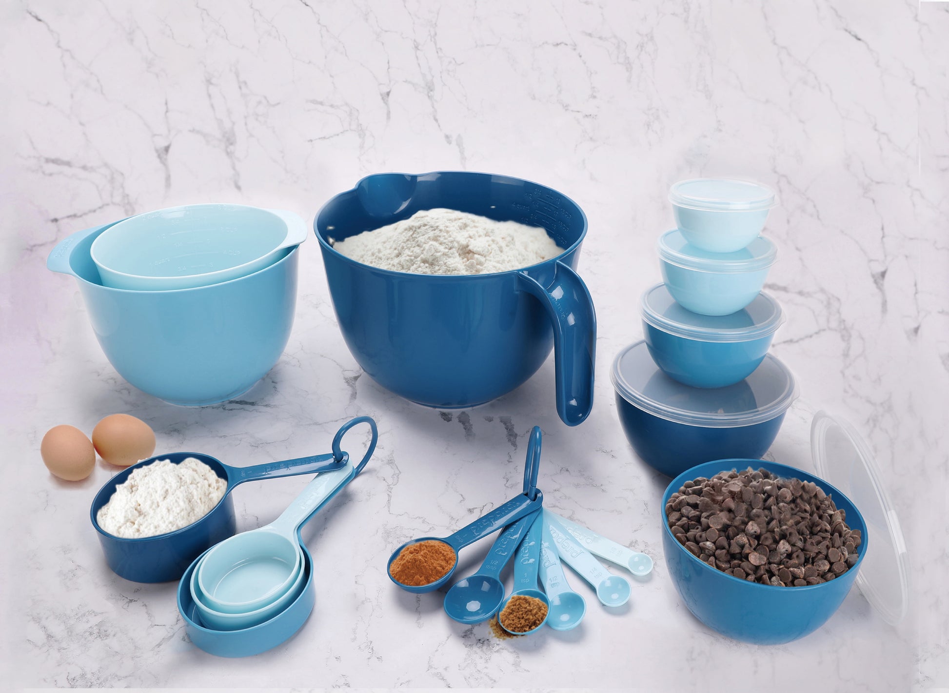 Mixing Bowl Set, 23 Pieces with Lids, Measuring Cups and Spoons, Blue