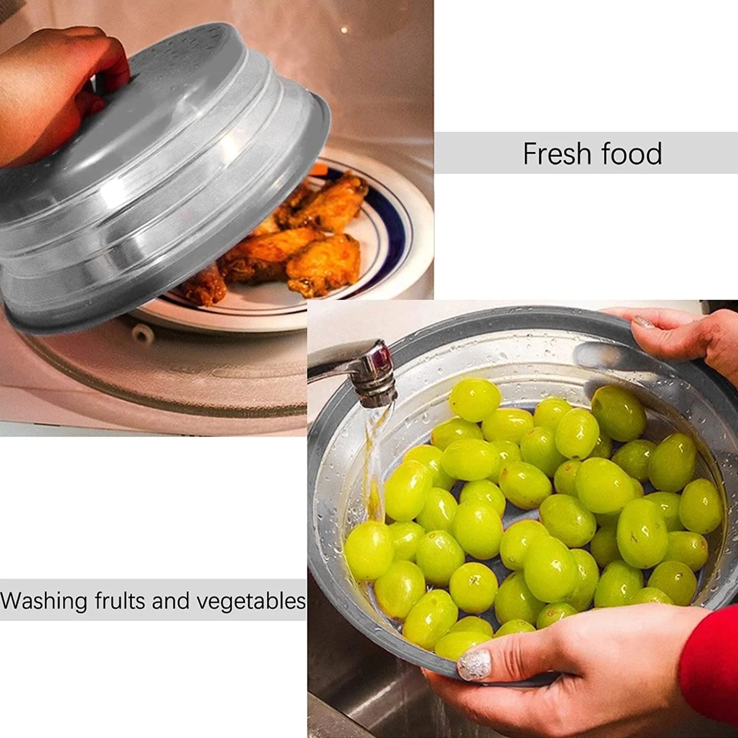 Vented Collapsible Microwave Cover for Food, Dishwasher-Safe, Fruit Drainer Basket, Bpa-Free Silicone & Plastic, Grey