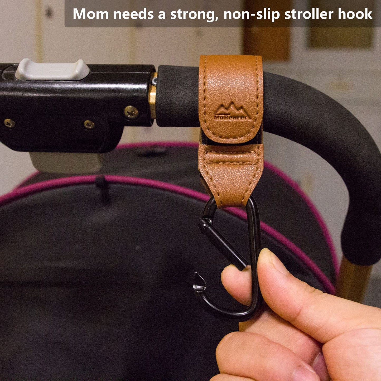 Baby Stroller Hooks Bag Hooks for Hanging Diaper Bags Multipurpose Hooks for Grocery Shopping Bags Premium Vegan Leather Pram Straps 2 Pcs (Brown)