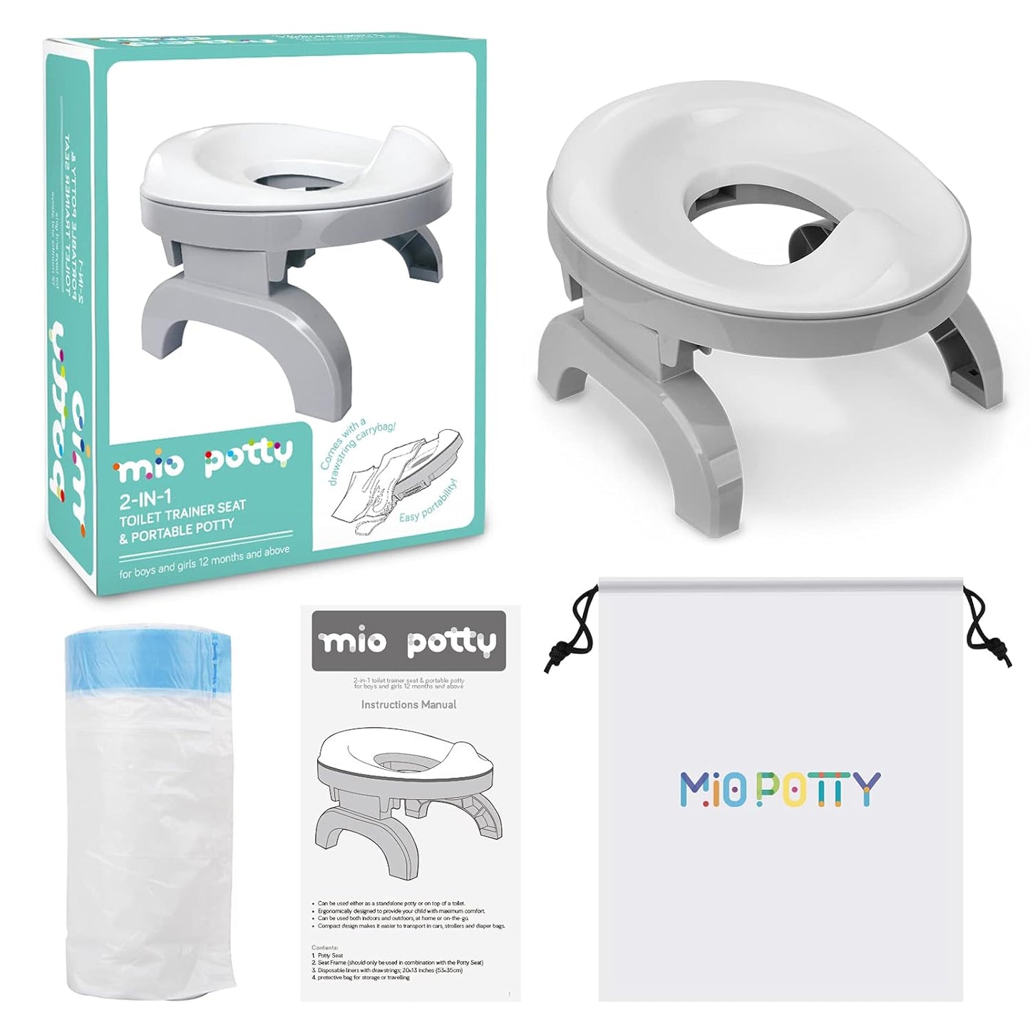 Travel Potty Training Seat, 2-In-1 Mio Portable Potty Chair + Toilet Trainer for Toddler, Baby & Kids with Drawstring Carry Bag and Refill Bags