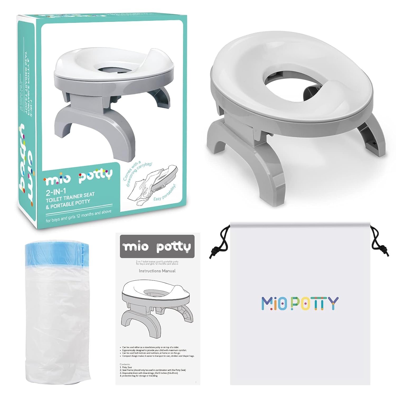 Travel Potty Training Seat, 2-In-1 Mio Portable Potty Chair + Toilet Trainer for Toddler, Baby & Kids with Drawstring Carry Bag and Refill Bags