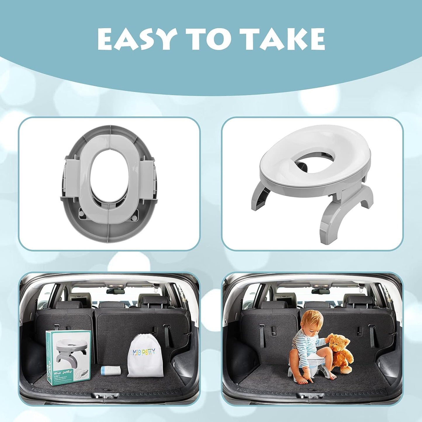 Travel Potty Training Seat, 2-In-1 Mio Portable Potty Chair + Toilet Trainer for Toddler, Baby & Kids with Drawstring Carry Bag and Refill Bags